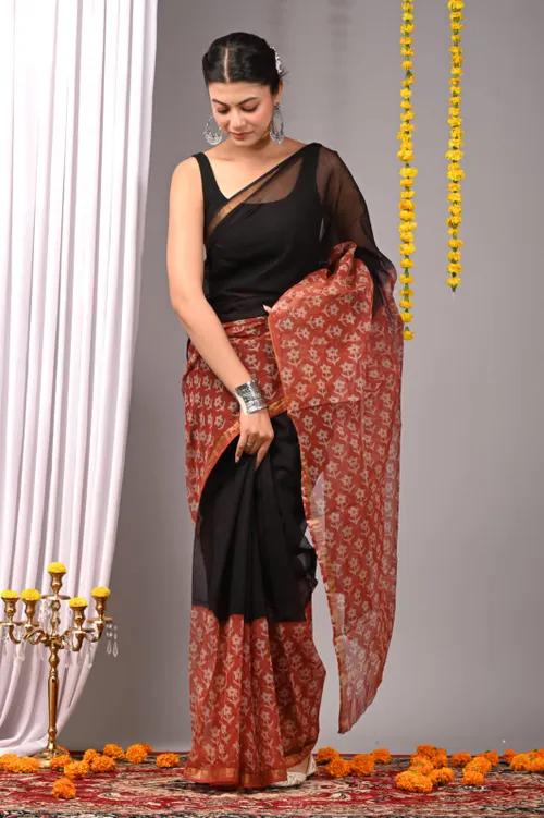 Handcrafted Bagru Print Black Colour Kota Sarees